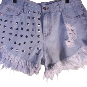 NWT Studded Light Blue Denim Jean Shorts Distressed Bikercore Grunge Streetwear